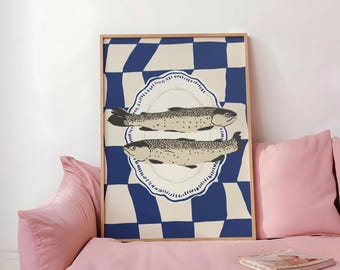 Lámina decorativa con diseño de plato de sardinas, colorida decoración de cocina con peces, póster de mariscos a cuadros (descarga digital).