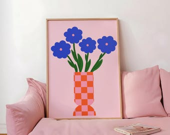 Flower Vase Print, Colorful Flowers Wall Art, Whimsical Wall Decor, Trendy Poster, Dopamine Maximalist Decor (Digital Download)