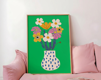 Flower Vase Print, Colorful Flowers Wall Art, Whimsical Wall Decor, Trendy Poster, Dopamine Maximalist Decor (Digital Download)