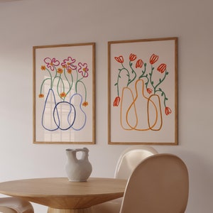 Line Flower Wall Art, Set of 2 Prints, Modern Aesthetic Art, Minimalist Print Set, Botanical Print Set (Digital Download)