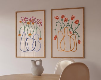Minimalist Line Flower Art Prints, Modern Botanical Set (Digital Download)
