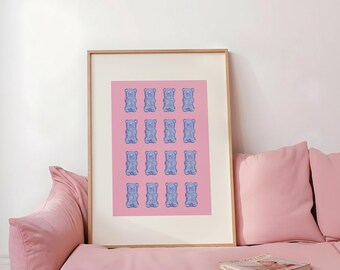 Impressão de ursinhos de goma azuis, arte de parede moderna estilo anos 2000, decoração preppy, quarto de adolescente (download digital)