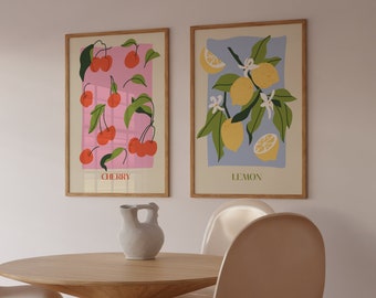 Fruits Art Print, Set of 2 Prints, Cherry Print, Lemon Print, Colorful Kitchen Decor, Trendy Wall Art, Kitchen Wall Art, Fruit Poster Set