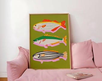 Colorful Fish Art Print, Seafood Wall Decor, Sardines Print, Dopamine Decor, Fun Eclectic Wall Art, Whimsical Art (Digital Download)