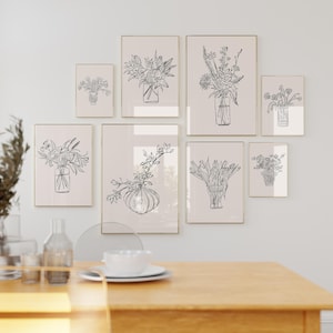 Arte mural con líneas de jarrones, juego de 8 láminas, impresión botánica, póster minimalista de flores, arte mural moderno, descarga de láminas, Les Fleurs