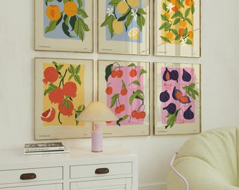 Botanical Fruit Art Print, SET OF 6 PRINTS, Colorful Kitchen Gallery Wall, Botanical Gallery Wall, Fruit Poster Set (Digital Download)