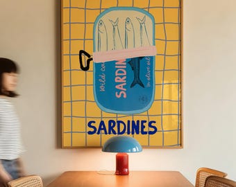 Sardines Art Print, Colorful Seafood Kitchen Wall Art (Digital Download)