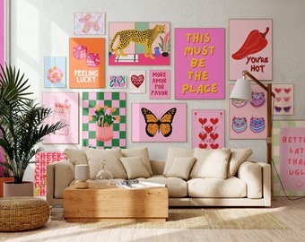 Eclectic Gallery Wall Art Prints, Pink Preppy Decor (Digital Download)