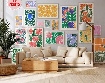 Abstraktes Blumenkunst-Kunstdruck-Set, Groovige Retro-Botanische Bilderwand (Digitaler Download)