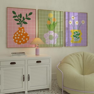 Láminas de jarrones con flores, juego de 3 láminas, arte imprimible de moda, arte floral botánico para pared, decoración danesa para habitaciones, juego de mercado de flores, dopamina