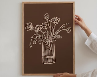 Minimalist Line Art Flower Vase Print, Modern Botanical (Digital Download)