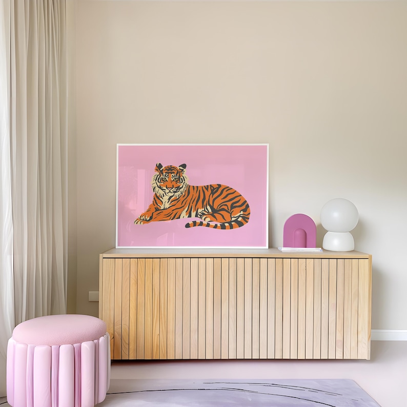 Bengal Tiger Art Print, Pink Wall Art, Preppy Room Decor (Digital Download) image 1