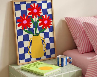 Flower Vase Art Print, Colorful Botanical Poster, Checkered Wall Art, Modern Flower Print, Trendy Wall Art (Digital Print)
