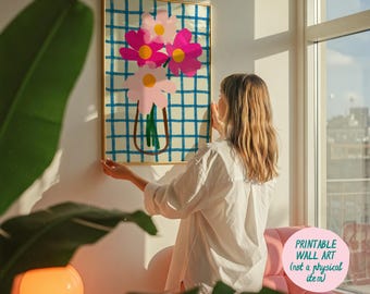 Flower Vase Art Print for Download, Danish Pastel Decor, Flower Vase Poster, Dopamine Colors, Maximalist Decor, Trendy Art Prints