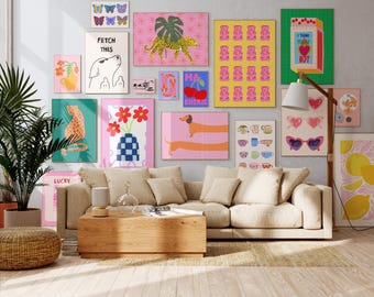 MEGA BUNDLE Gallery Wall Art, 17 Art Prints, Eclectic Bundle Set, Dopamine Wall Art,  Maximalist Wall Art, Pink Preppy Poster Set,Trendy Art