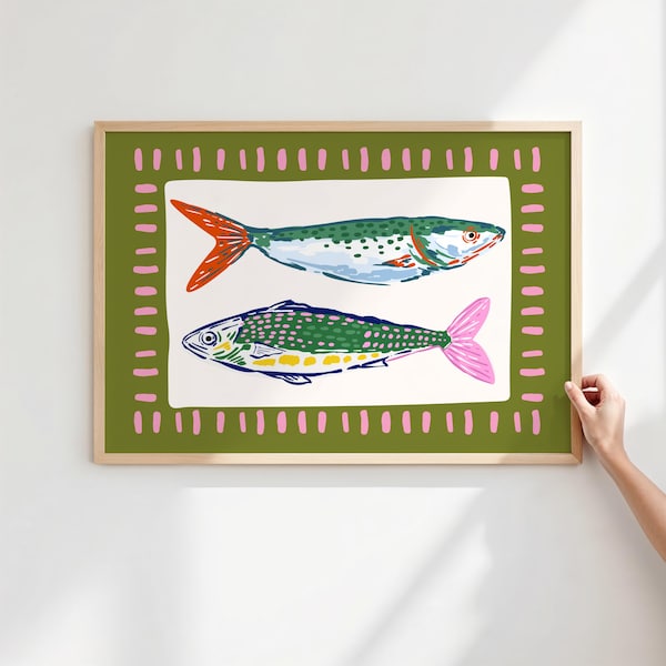 Lámina artística de peces de colores, decoración de pared de mariscos, lámina de sardinas, decoración de dopamina, arte mural ecléctico y divertido, arte caprichoso (descarga digital)