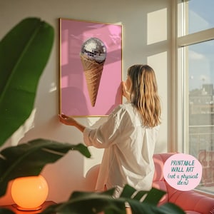 Disco Ball Eistüte Kunstdruck, Pinke Preppy Wandkunst, Spaß Wandkunst, Maximalist Wandkunst, Hot Pink Wandkunst, Dopamin-Dekor