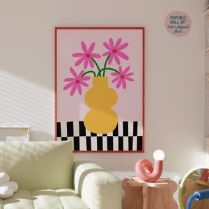 Impresión artística de florero, arte mural de flores, decoración danesa en tonos pastel, impresión de dopamina, impresión maximalista, impresiones artísticas de moda, impresiones coloridas, impresión divertida