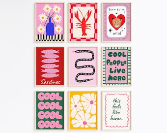May include: Nine framed art prints with colorful illustrations. Designs include a vase of daisies, a red lobster, a cheetah in a heart, sardines, a snake, text that says "Cool People Live Here", text that says "Cool", and text that says "this feels like home."