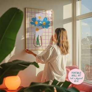Impresión artística de jarrón de flores para descargar, decoración danesa en tonos pastel, póster de jarrón de flores, colores de dopamina, decoración maximalista, impresiones artísticas de moda