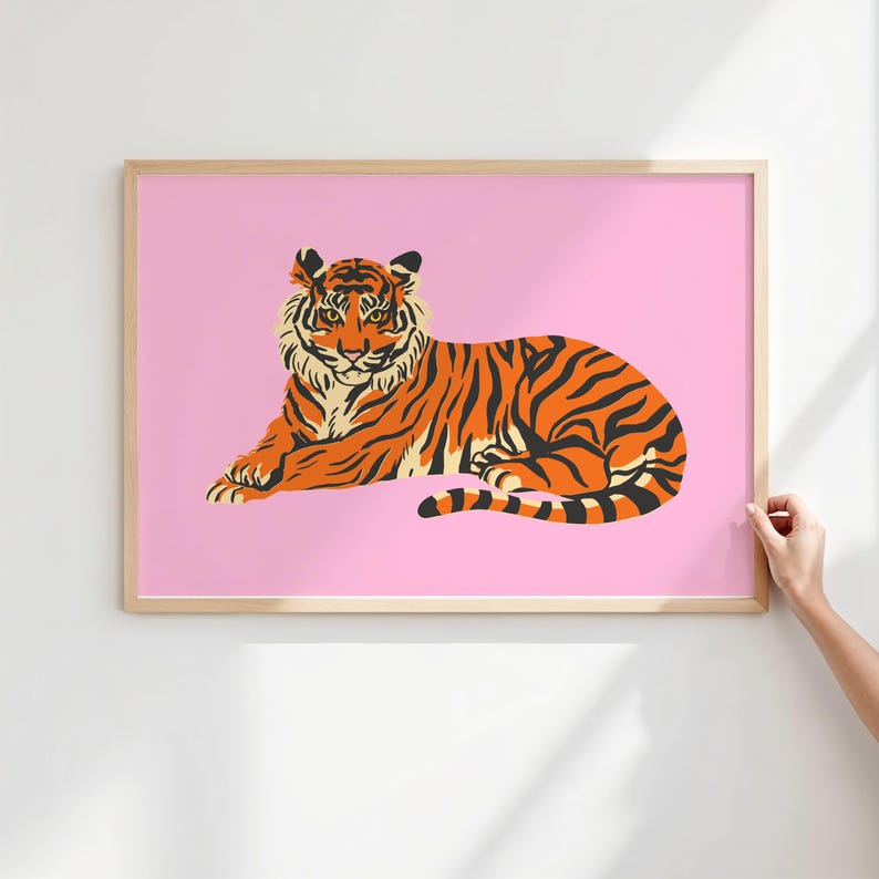 Bengal Tiger Art Print, Pink Wall Art, Preppy Room Decor (Digital Download) image 3