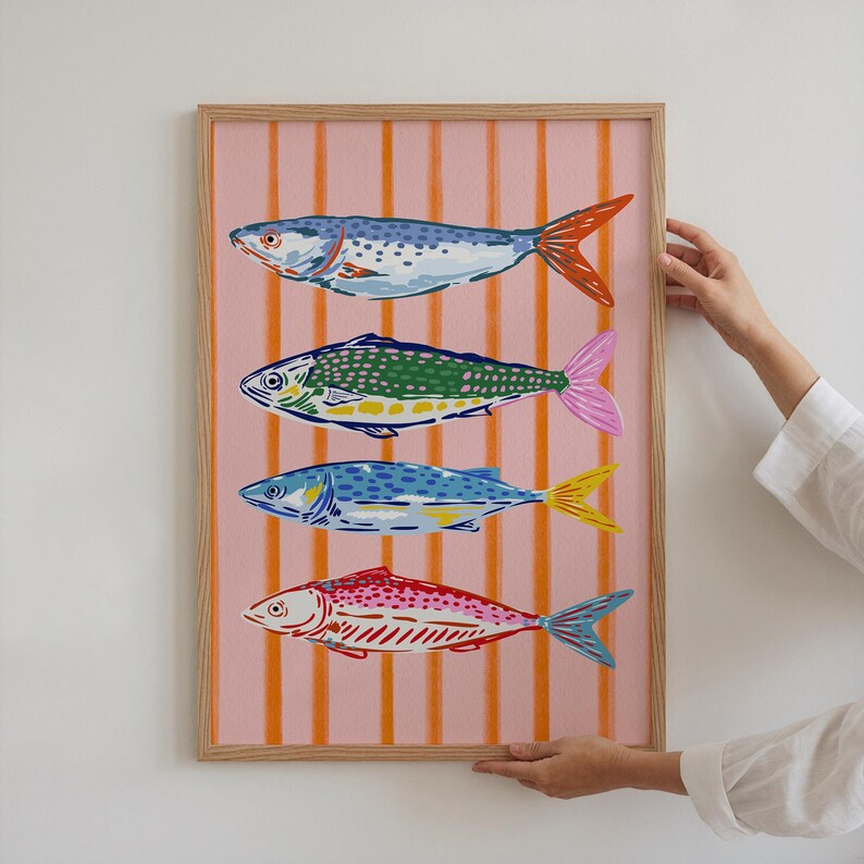 Colorful Fish Art Print, Seafood Wall Decor, Sardines Print, Dopamine Decor, Fun Eclectic Wall Art, Whimsical Art (Digital Download) image 9
