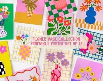 Colorful Flower Vase Gallery Wall, SET OF 12, Teen Girl Room Decor, Dopamine Maximalist Eclectic Wall Art (Digital Download)