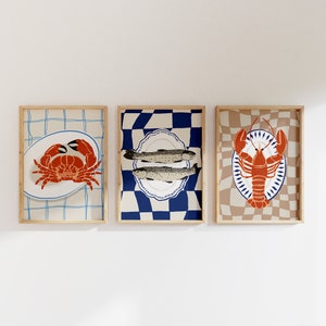 Seafood Wall Art, Set of 3 Prints, Lobster Wall Art, Kitchen Art Seafood, Crab Wall Art, Sardines Wall Art, Coastal Wall Art, Kitchen Print