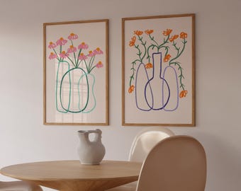Minimalist Line Flower Art Prints, Modern Botanical Set (Digital Download)