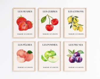 Fruit Gallery Wall, Set of 6, Botanical Fruit Art, Fruit Poster Set, Fruits Watercolor, Colorful Kitchen Art, Set of 6 Fruit Market Prints