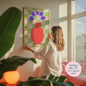 Lámina artística de florero, decoración danesa en tonos pastel, póster de florero, arte mural de dopamina, decoración maximalista, descarga de láminas artísticas, arte mural moderno