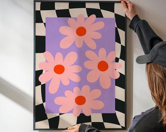 Checkered Flower Print, Danish Pastel, Trendy Wall Art, Dopamine Maximalist (Digital Download)