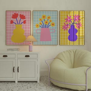 Lámina de florero, juego de 3 láminas, decoración de dopamina, arte floral botánico para pared, decoración danesa para habitación, juego de arte floral, juego de pósteres divertidos