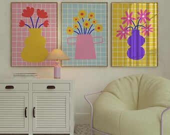 Floral Vase Art Print Set, Colorful Danish Decor (Digital Download)
