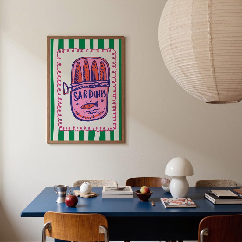 Färgglad sardintavla, väggkonst med skaldjur i köket (digital nedladdning) bild 3