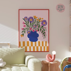 Lámina de florero, arte mural floral, decoración danesa en tonos pastel, arte dopaminérgico, decoración maximalista, láminas de arte de moda, arte preppy, arte divertido