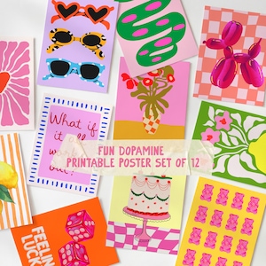 May include: A set of twelve vibrant printable posters featuring playful designs. The collection includes images of sunglasses, a snake, flowers, a balloon dog, a cake, dice, and gummy bears. Text includes "What if it all work out?" and "FUN DOPAMINE PRINTABLE POSTER SET OF 12".