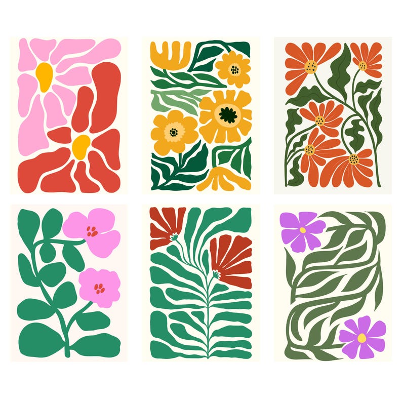 Retro Groovy Floral Print Set, Boho Botanical Gallery Wall (digital ...