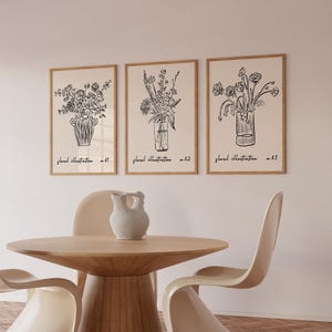 Juego de 3 impresiones de jarrones con flores de líneas finas, impresión Les Fleurs, arte floral minimalista, impresiones botánicas neutras, arte floral lineal, arte botánico floral