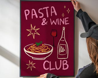 Trendy Hand Drawn Pasta and Wine Club Print, Burgundy & Pink Wall Art, Whimsy Kitchen Poster Decor (Digital Download)