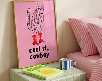 Funky Cat Cowboy Art Print, Funny Cat Print, Pink Preppy Western Decor, Fun Quote Print (Digital Download)