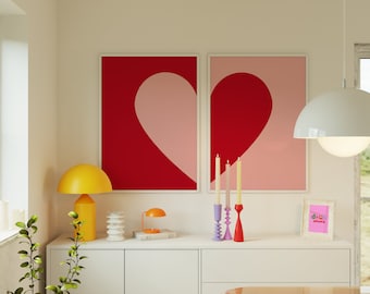 Split Heart Art Print, Set of 2 Prints, Trendy Printable Art, Dopamine Wall Art, Romantic Wall Art, Coquette Room Decor, Love Heart Print