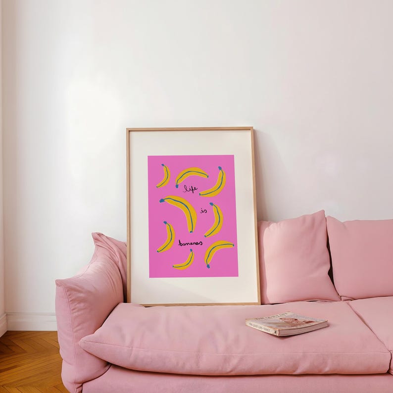 Plakat „Życie to banany”, plakat z zabawnym cytatem, dekoracja w stylu preppy z dopaminą, fantazyjny wydruk (pobranie cyfrowe) zdjęcie 1