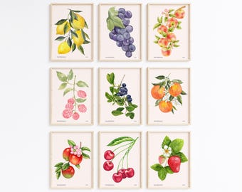 Könnte beinhalten: Satz von acht Aquarell-Illustrationen verschiedener Früchte und Beeren, darunter Zitronen, Trauben, Äpfel, Himbeeren, Blaubeeren, Orangen, Kirschen und Erdbeeren. Jede Illustration ist in einem hellen Holzrahmen gerahmt und an einer weißen Wand ausgestellt.