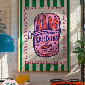 Färgglad sardintavla, väggkonst med skaldjur i köket (digital nedladdning) bild 6