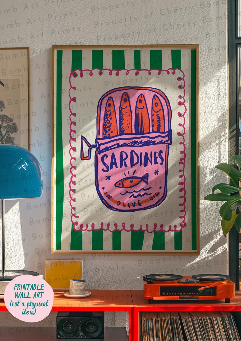 Färgglad sardintavla, väggkonst med skaldjur i köket (digital nedladdning) bild 6