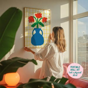 Impresión artística de jarrón de flores para descargar, decoración danesa en tonos pastel, póster de jarrón de flores, colores de dopamina, decoración maximalista, impresiones artísticas de moda