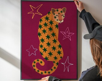 Leopard Burgundy Print, Dopamine Decor, Maximalist Poster, Funky Animal Illustration, Preppy Decor, Starry Animal Print (Digital Download)