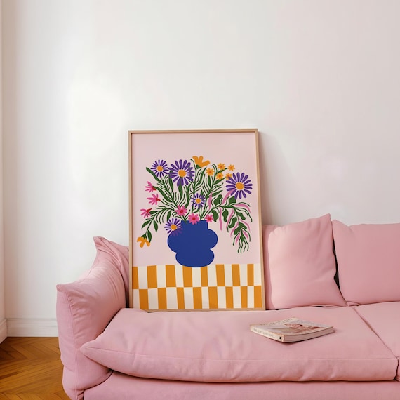 Flower Vase Print, Colorful Flowers Wall Art, Whimsical Wall Decor, Trendy Poster, Dopamine Maximalist Decor (Digital Download)