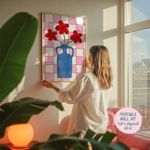 Impresión artística de jarrón de flores para descargar, decoración danesa en tonos pastel, póster de jarrón de flores, colores de dopamina, decoración maximalista, impresiones artísticas de moda